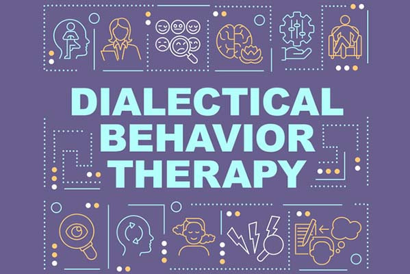 illustration centering the words dialectical behavior therapy in light blue, surrounded by small line-drawing icons indicating concepts like mindfulness, balance, a range of emotions, and therapy against a purple background